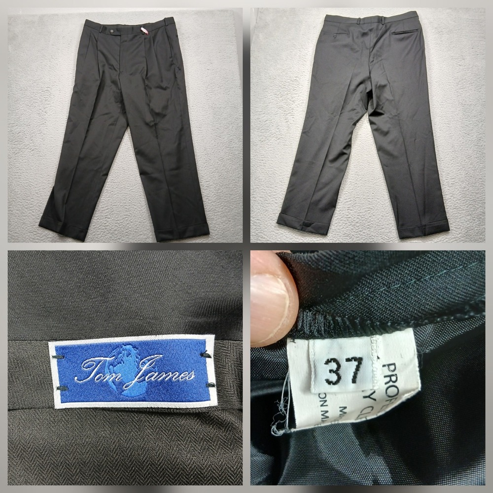 Tom James Dress Pants Men's 37‎ Black Wool Blend Pleated Classic Fit
